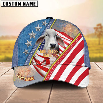Brahman Cattle Blue Denim Pattern Customized Name Cap, Farmer Cap, Vintage Farmer Hat, Mens Farmer Hats, Cap For Farmers