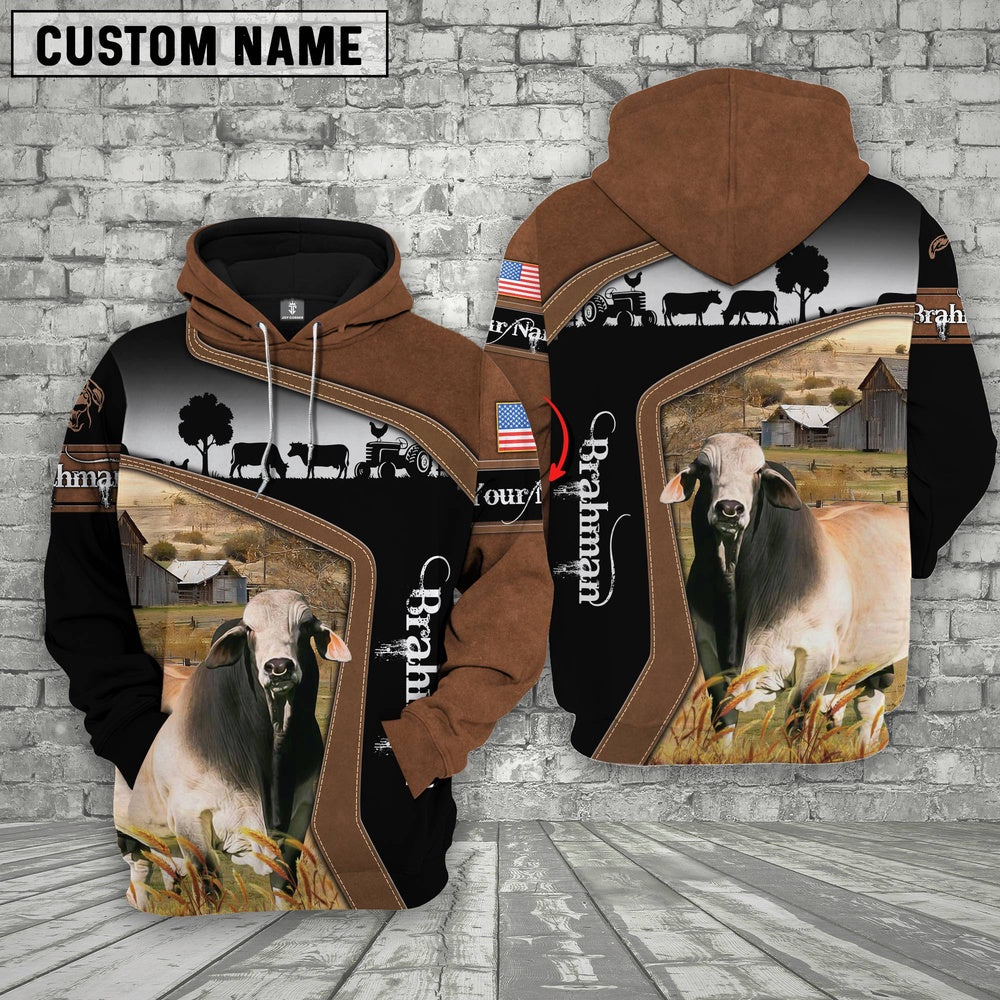 Brahman Cattle Brown Leather Pattern Custom Name Shirts, Farmer Hoodie, Custom Farm Shirts, Farmer T Shirt