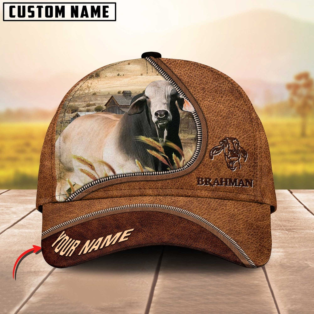 Brahman Cattle Brown Leather Zip Pattern Customized Name Cap, Farmer Cap, Vintage Farmer Hat, Mens Farmer Hats, Cap For Farmers