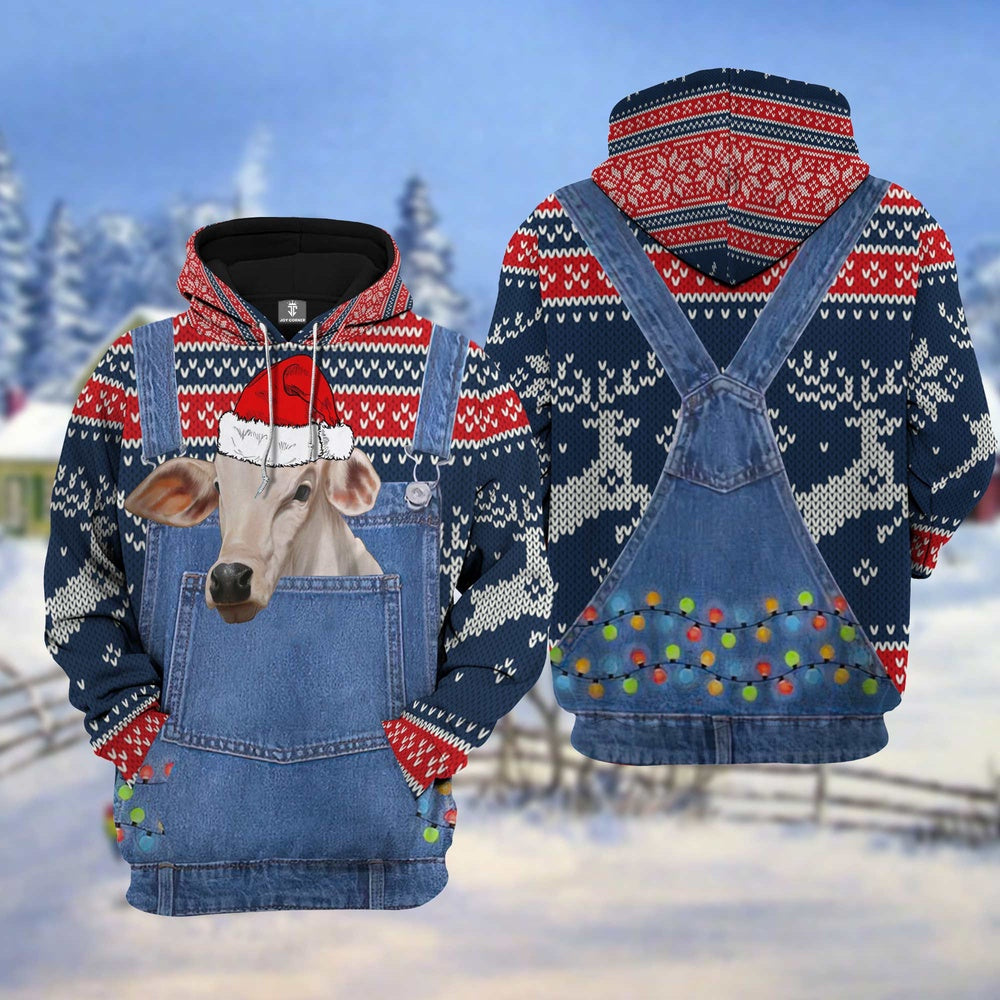 Brahman Cattle Christmas Knitting Pattern 3D Hoodie, Farmer Hoodie, Farm Themed Shirts, Farm Tee Shirts