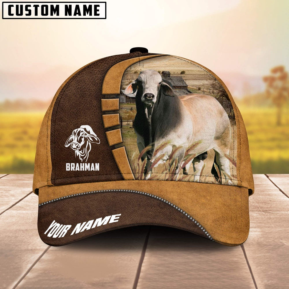 Brahman Cattle Customized Name Brown 3D Cap, Farmer Cap, Vintage Farmer Hat, Mens Farmer Hats, Cap For Farmers
