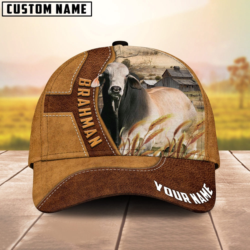 Brahman Cattle Customized Name Brown Leather Pattern Cap, Farmer Cap, Vintage Farmer Hat, Mens Farmer Hats, Cap For Farmers