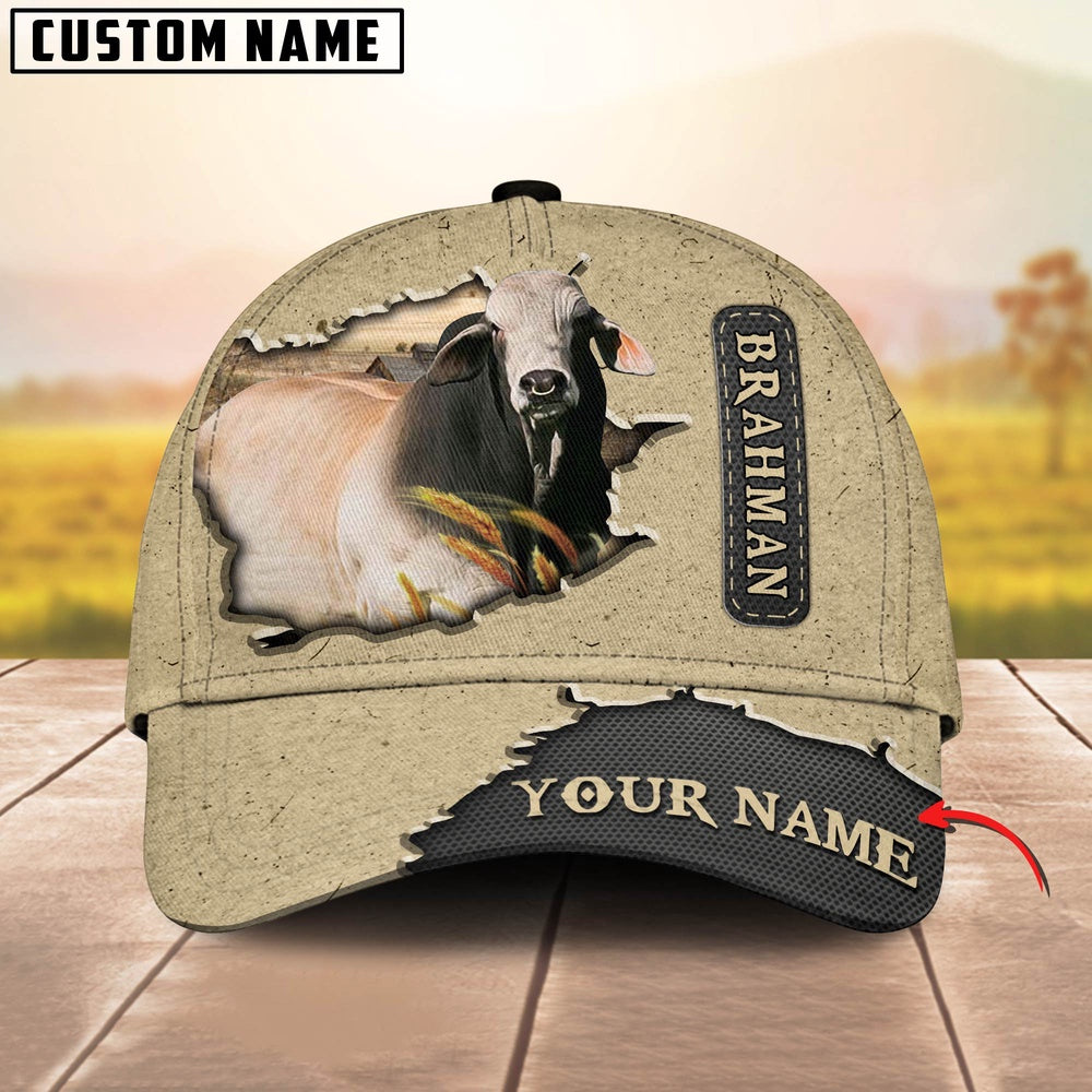 Brahman Cattle Customized Name Khaki Leather Pattern Cap, Farmer Cap, Vintage Farmer Hat, Mens Farmer Hats, Cap For Farmers