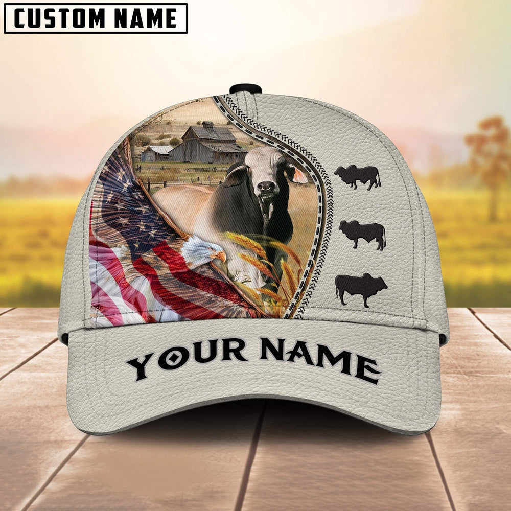 Brahman Cattle Eagle US Flag Leather Pattern Customized 3D Cap, Farmer Cap, Vintage Farmer Hat, Mens Farmer Hats, Cap For Farmers