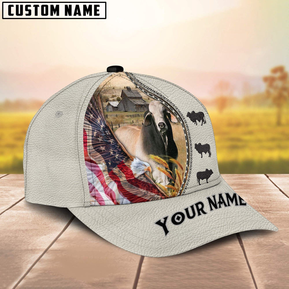 Brahman Cattle Eagle US Flag Leather Pattern Customized 3D Cap, Farmer Cap, Vintage Farmer Hat, Mens Farmer Hats, Cap For Farmers