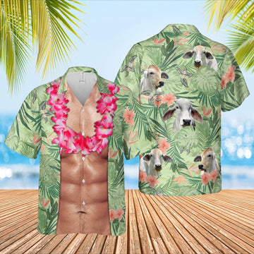Brahman Cattle Funny 6-pack Body Hawaiian Shirt, Farm Hawaiian Shirt, Farmer Hawaii
