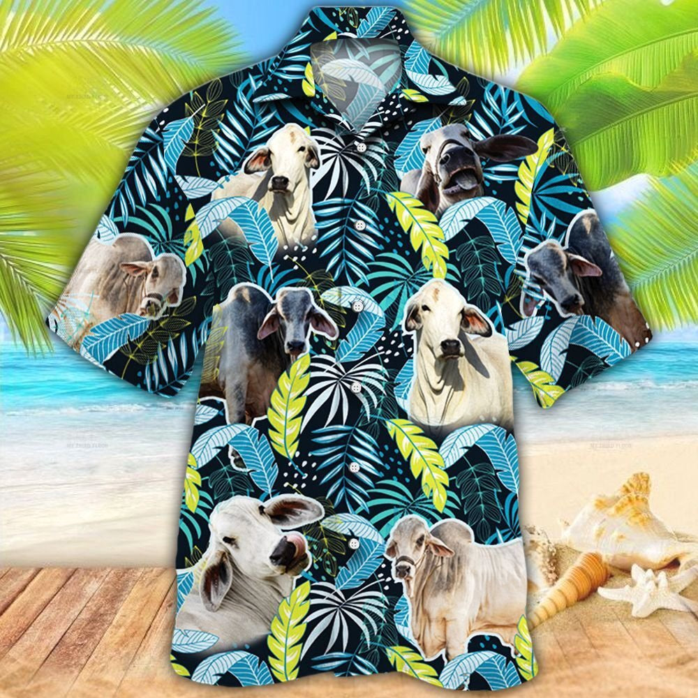 Brahman Cattle Jungle Leaves All Over Printed Hawaiian Shirt, Farm Hawaiian Shirt, Farmer Hawaii