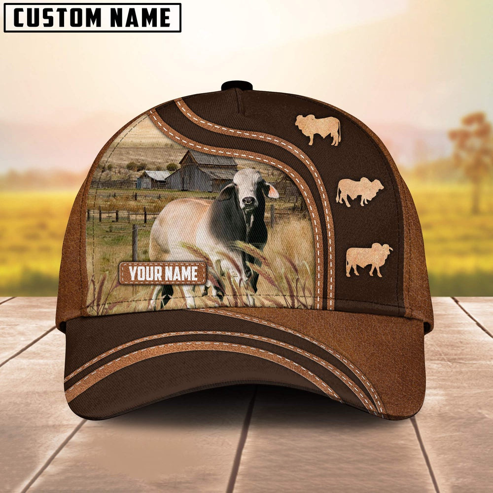 Brahman Cattle Leather Brown Pattern Customized Name Cap, Farmer Cap, Vintage Farmer Hat, Mens Farmer Hats, Cap For Farmers