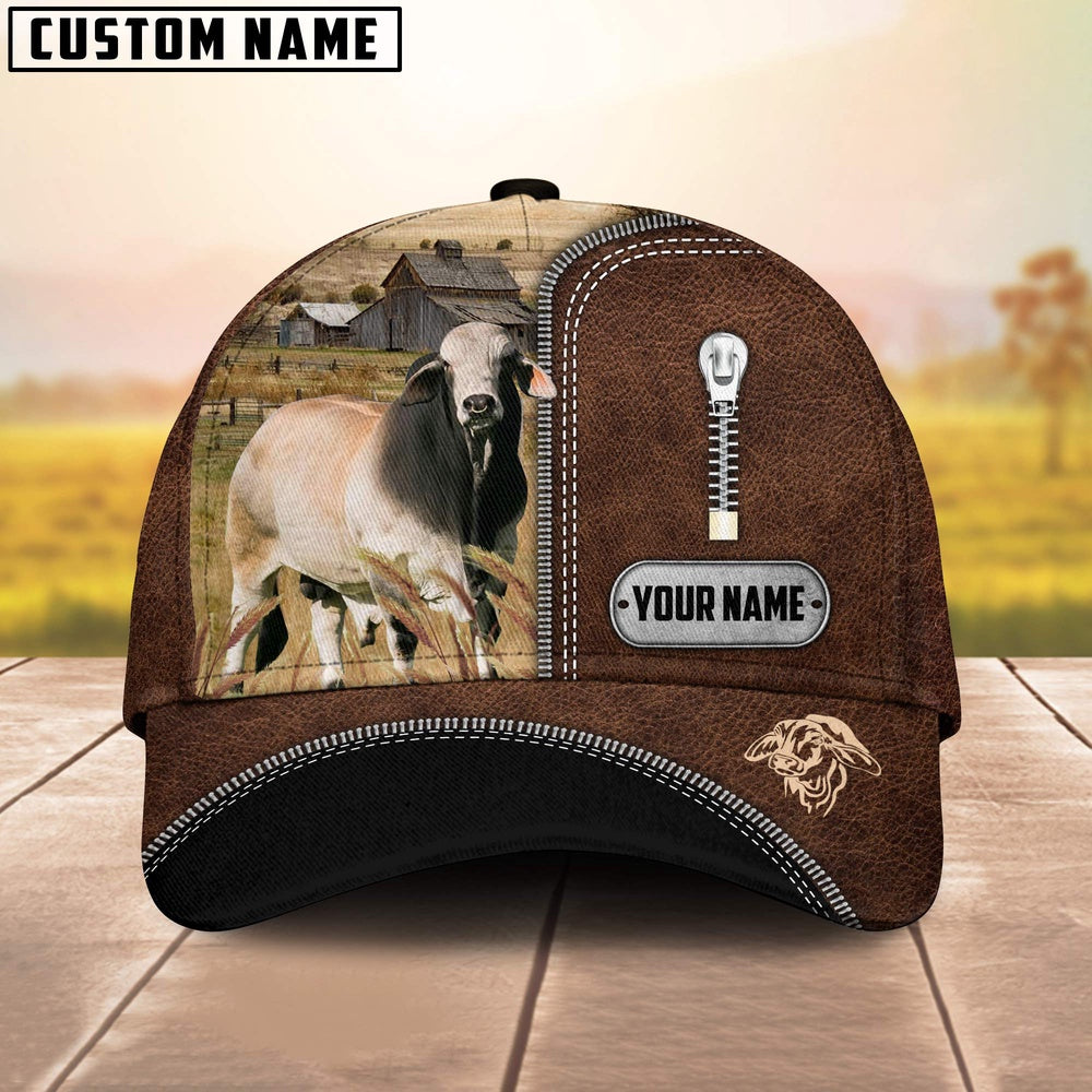 Brahman Cattle Leather Zip Pattern Customized Name Cap, Farmer Cap, Vintage Farmer Hat, Mens Farmer Hats, Cap For Farmers