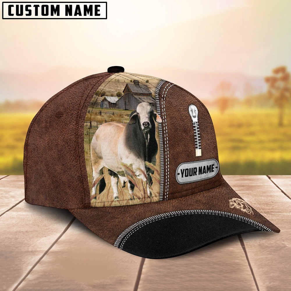 Brahman Cattle Leather Zip Pattern Customized Name Cap, Farmer Cap, Vintage Farmer Hat, Mens Farmer Hats, Cap For Farmers