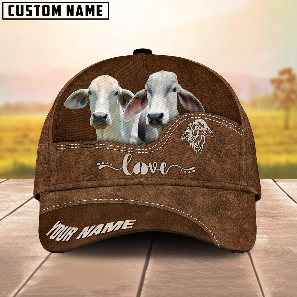 Brahman Cattle Love Leather Pattern Customized Name Cap, Farmer Cap, Vintage Farmer Hat, Mens Farmer Hats, Cap For Farmers