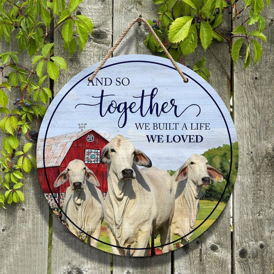 Brahman Cattle Lovers And So Together Round Happy Halloween Wooden Sign, Farm Wood Sign, Farmhouse Decor Wooden Signs