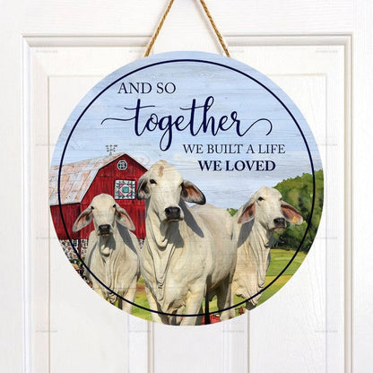 Brahman Cattle Lovers And So Together Round Happy Halloween Wooden Sign, Farm Wood Sign, Farmhouse Decor Wooden Signs