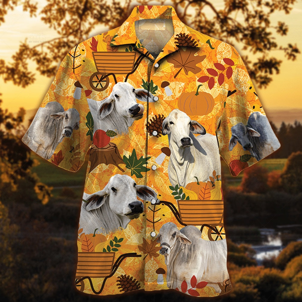 Brahman Cattle Nature Autumn Pumpkin All Over Printed Hawaiian Shirt, Farm Hawaiian Shirt, Farmer Hawaii