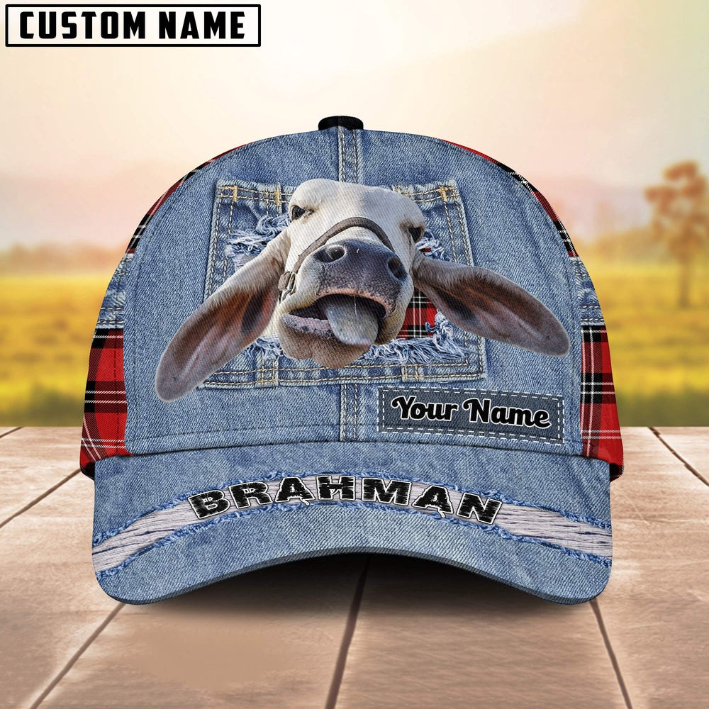 Brahman Cattle Overall Jeans Pattern And Red Caro Pattern Customized Name Cap, Farmer Cap, Vintage Farmer Hat, Mens Farmer Hats, Cap For Farmers