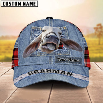 Brahman Cattle Overall Jeans Pattern And Red Caro Pattern Customized Name Cap, Farmer Cap, Vintage Farmer Hat, Mens Farmer Hats, Cap For Farmers
