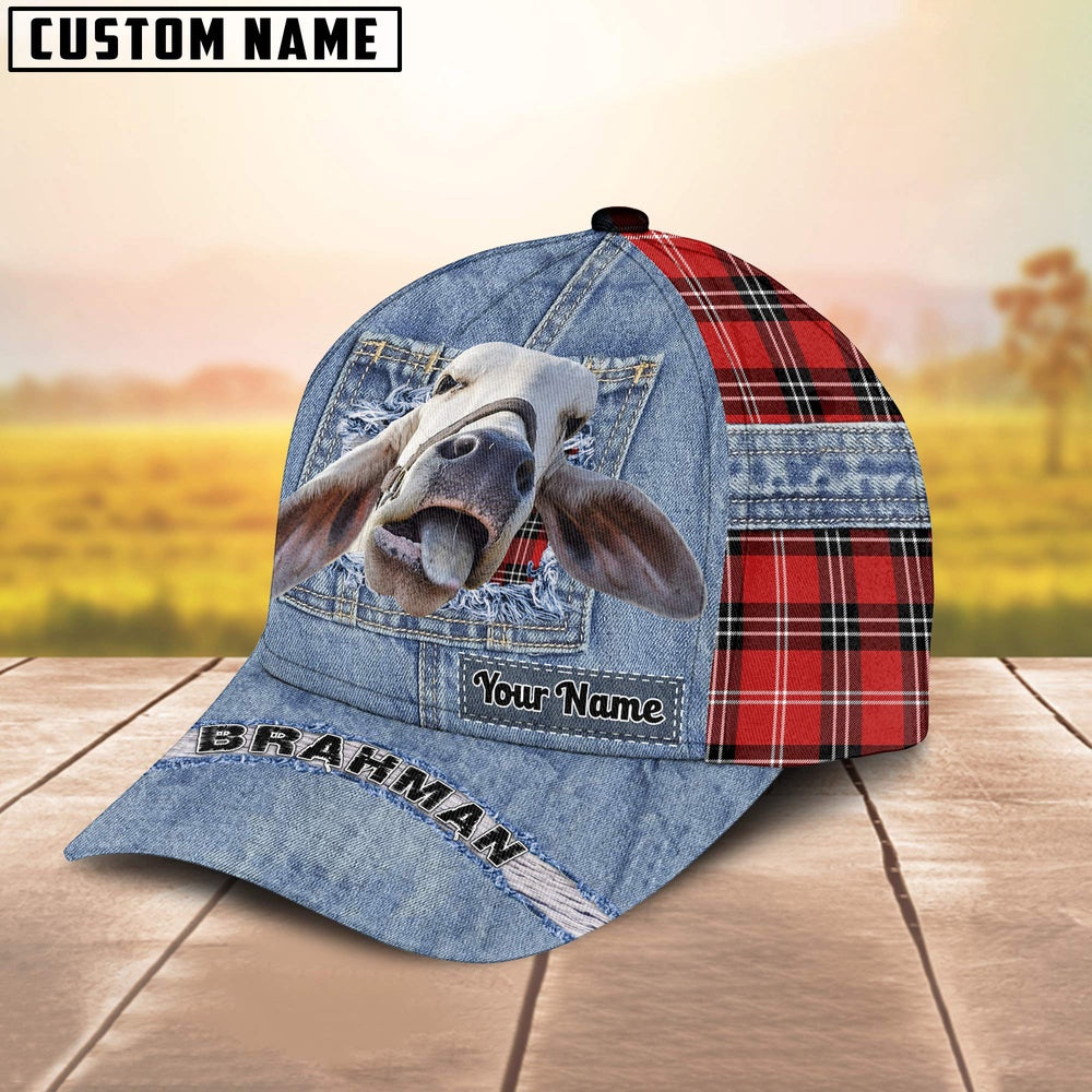Brahman Cattle Overall Jeans Pattern And Red Caro Pattern Customized Name Cap, Farmer Cap, Vintage Farmer Hat, Mens Farmer Hats, Cap For Farmers