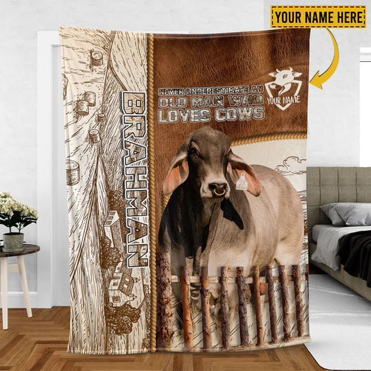 Brahman Cattle Personalized Name Leather Pattern Blanket, Farm Blanket, Farm Animal Blanket