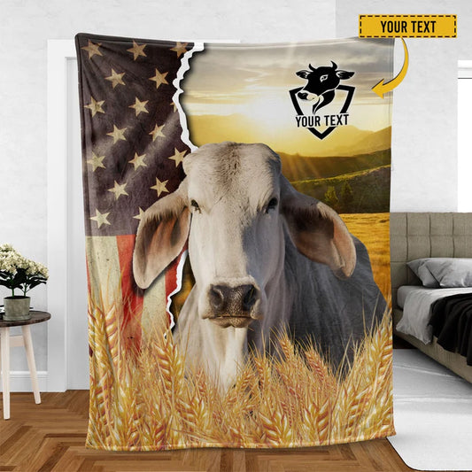 Brahman Cattle Personalized Name U.S Flag Blanket, Farm Blanket, Farm Animal Blanket
