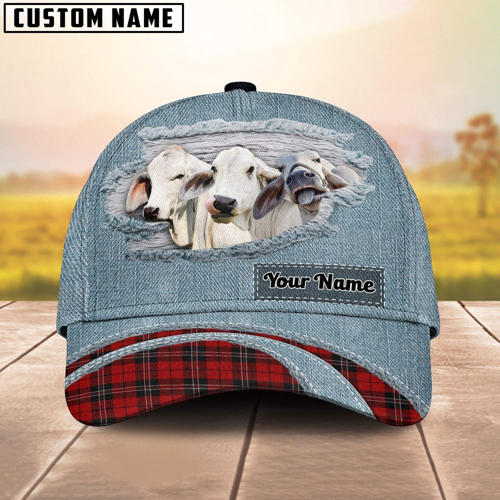 Brahman Cattle Red Caro And Jeans Pattern Customized Name Cap, Farmer Cap, Vintage Farmer Hat, Mens Farmer Hats, Cap For Farmers