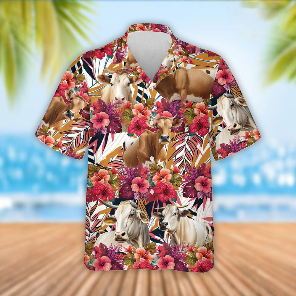 Brahman Cattle Red Hibicus Flowers Hawaiian Shirt, Farm Hawaiian Shirt, Farmer Hawaii