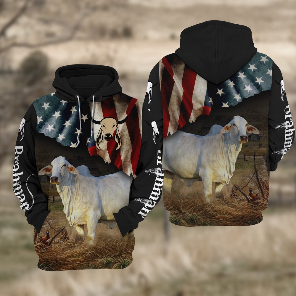Brahman Cattle US Flag All Over Printed Hoodie TT, Farmer Hoodie, Farm Themed Shirts, Farm Tee Shirts