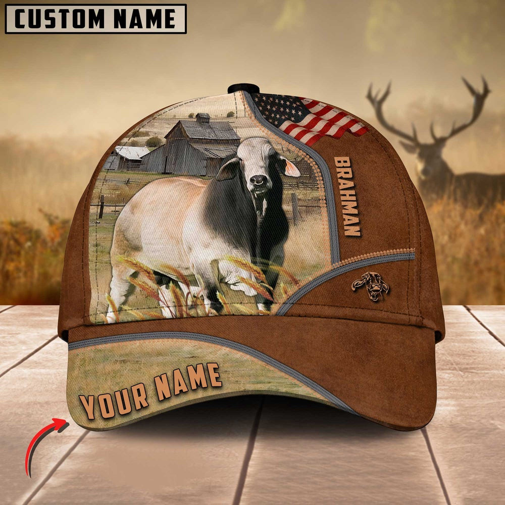 Brahman Cattle US Flag Customized Name Brown Cap, Farmer Cap, Vintage Farmer Hat, Mens Farmer Hats, Cap For Farmers