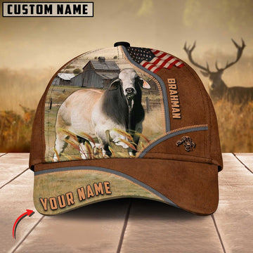 Brahman Cattle US Flag Customized Name Brown Cap, Farmer Cap, Vintage Farmer Hat, Mens Farmer Hats, Cap For Farmers