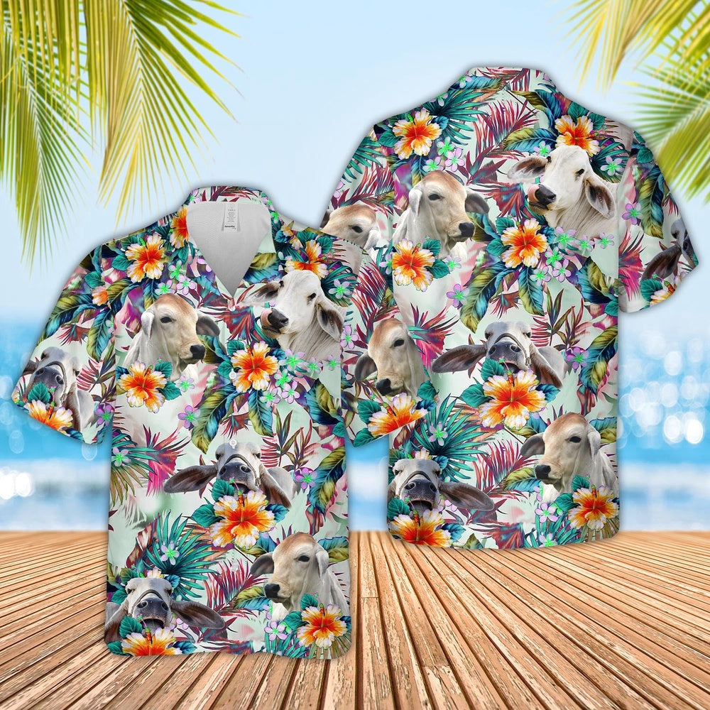 Brahman Cows with Flowers Hawaiian Shirt, Farm Hawaiian Shirt, Farmer Hawaii