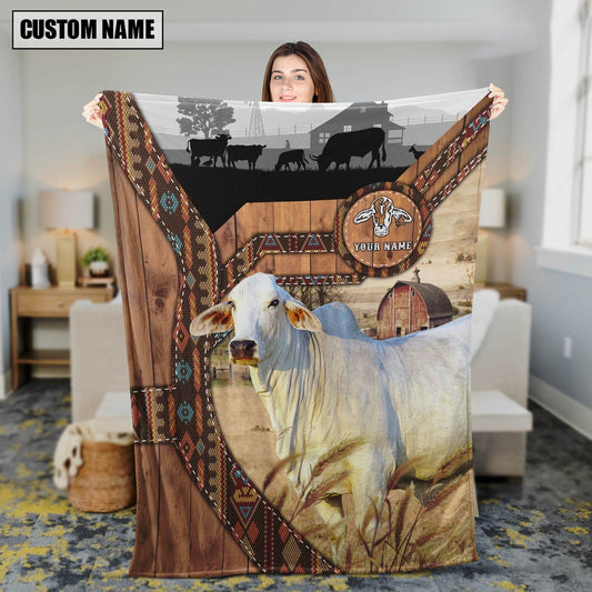 Brahman Custom Name Brocade Pattern Blanket, Farm Blanket, Farm Animal Blanket