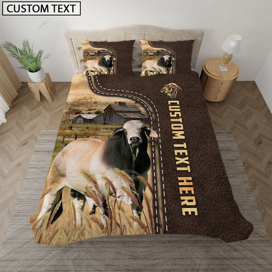 Brahman Custom Text Leather Pattern Bedding Set, Farm Bedding Set, Farmhouse Bedding Set