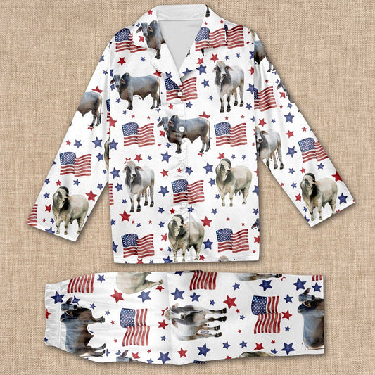 Brahman Happy Star US Flag Pattern All Over Print Pajamas Sets, Farm Pajamas, Farm Animal Pajamas, Christmas Farm Pajamas