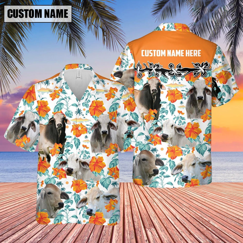 Brahman Hibiscus Floral Custom Name Hawaiian Shirt, Farm Hawaiian Shirt, Farmer Hawaii