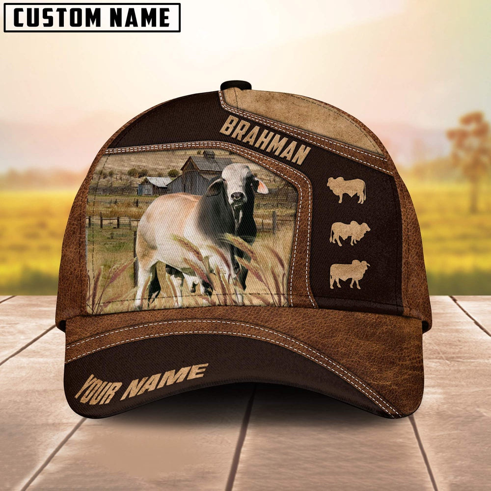 Brahman On Farm Brown Leather Pattern Customized 3D Cap, Farmer Cap, Vintage Farmer Hat, Mens Farmer Hats, Cap For Farmers