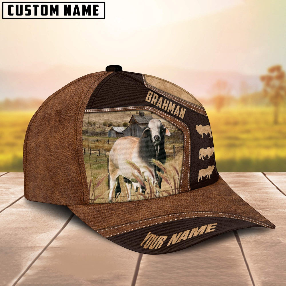 Brahman On Farm Brown Leather Pattern Customized 3D Cap, Farmer Cap, Vintage Farmer Hat, Mens Farmer Hats, Cap For Farmers