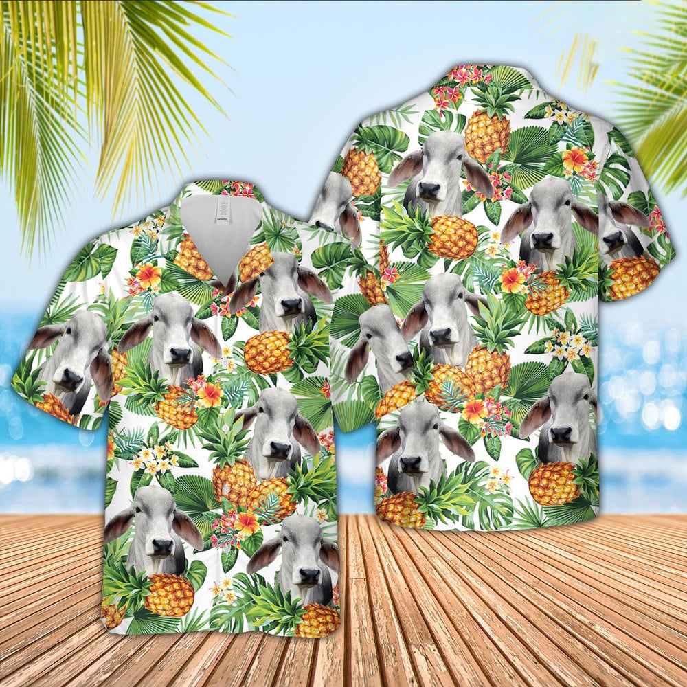 Brahman Pineapple Pattern 3D Hawaiian Shirt, Farm Hawaiian Shirt, Farmer Hawaii