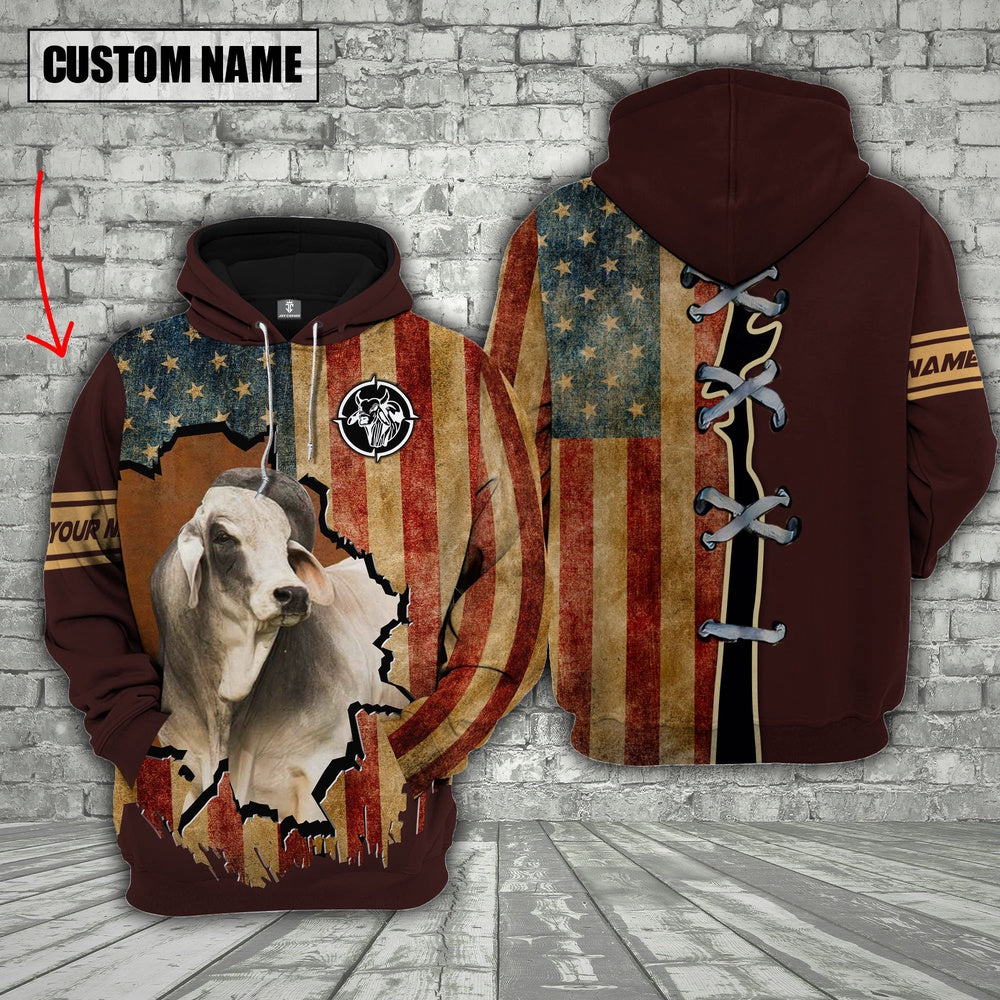 Brahman US Flag Retro Personalized 3D Hoodie, Farmer Hoodie, Custom Farm Shirts, Farmer T Shirt