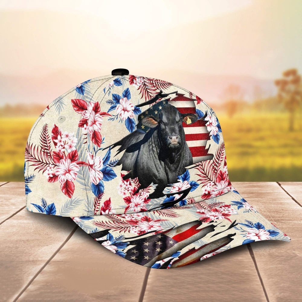 Brangus American Flag Flowers Pattern Cap, Farmer Cap, Vintage Farmer Hat, Mens Farmer Hats, Cap For Farmers