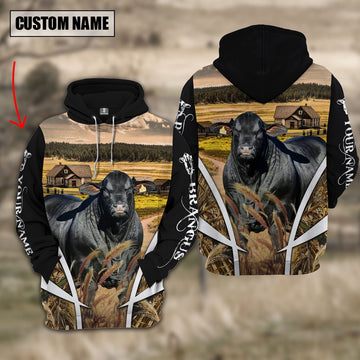 Brangus Custom Name Meadow Pattern Black Hoodie, Farmer Hoodie, Custom Farm Shirts, Farmer T Shirt