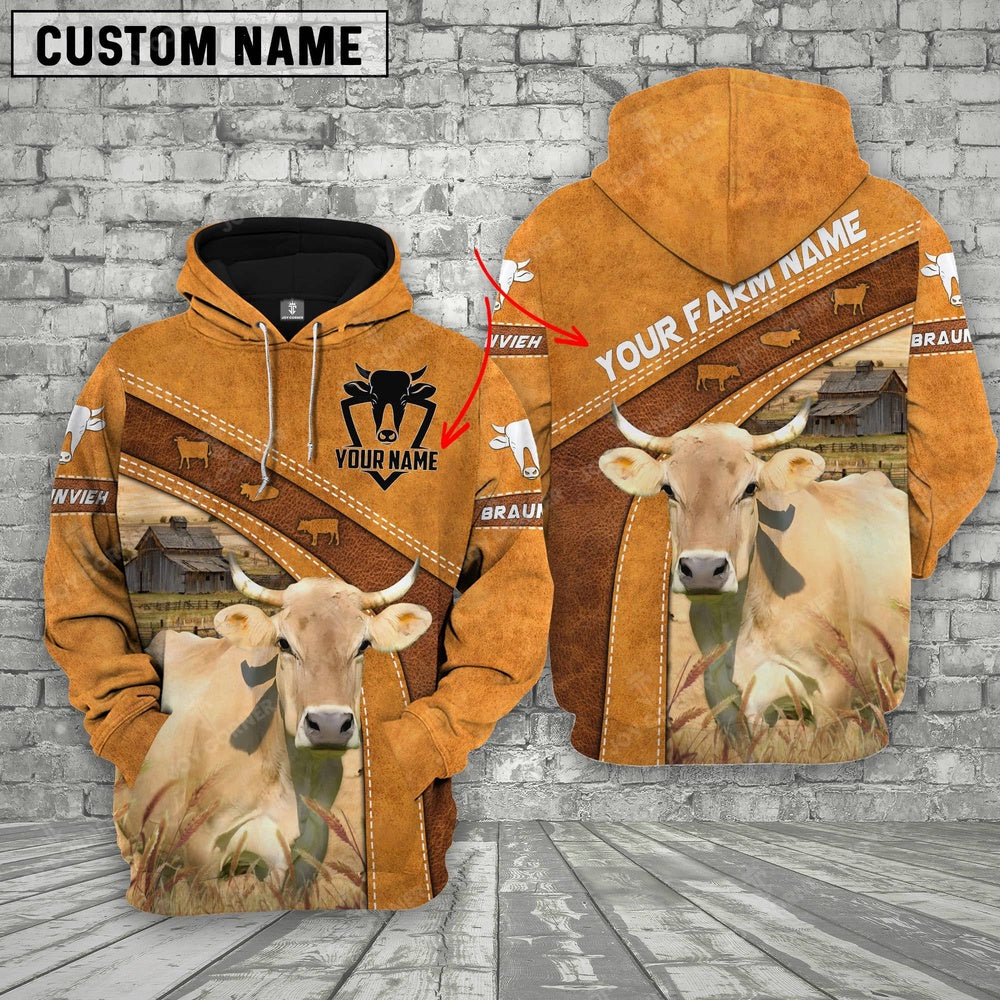 Braunvieh 3D Customized Name Farm Name Hoodie, Farmer Hoodie, Custom Farm Shirts, Farmer T Shirt