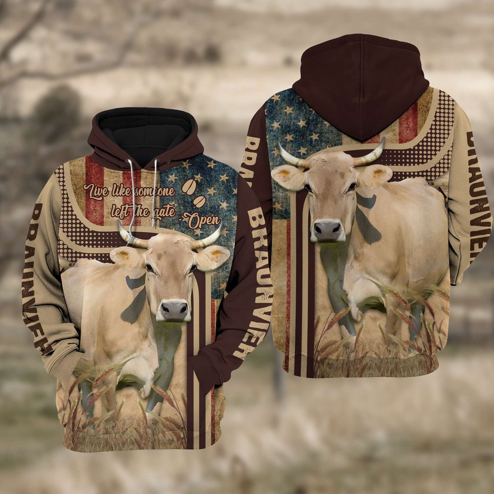 Braunvieh Cattle 3D American Flag Quotation Hoodie, Farmer Hoodie, Farm Themed Shirts, Farm Tee Shirts