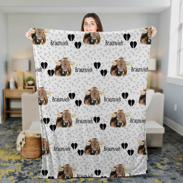 Braunvieh Cattle Happy Pattern Blanket, Farm Blanket, Farm Animal Blanket