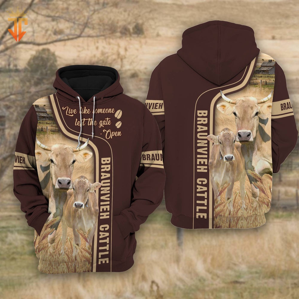 Braunvieh Cattle Live Like Someone left the gate open Shirts, Farmer Hoodie, Farm Themed Shirts, Farm Tee Shirts