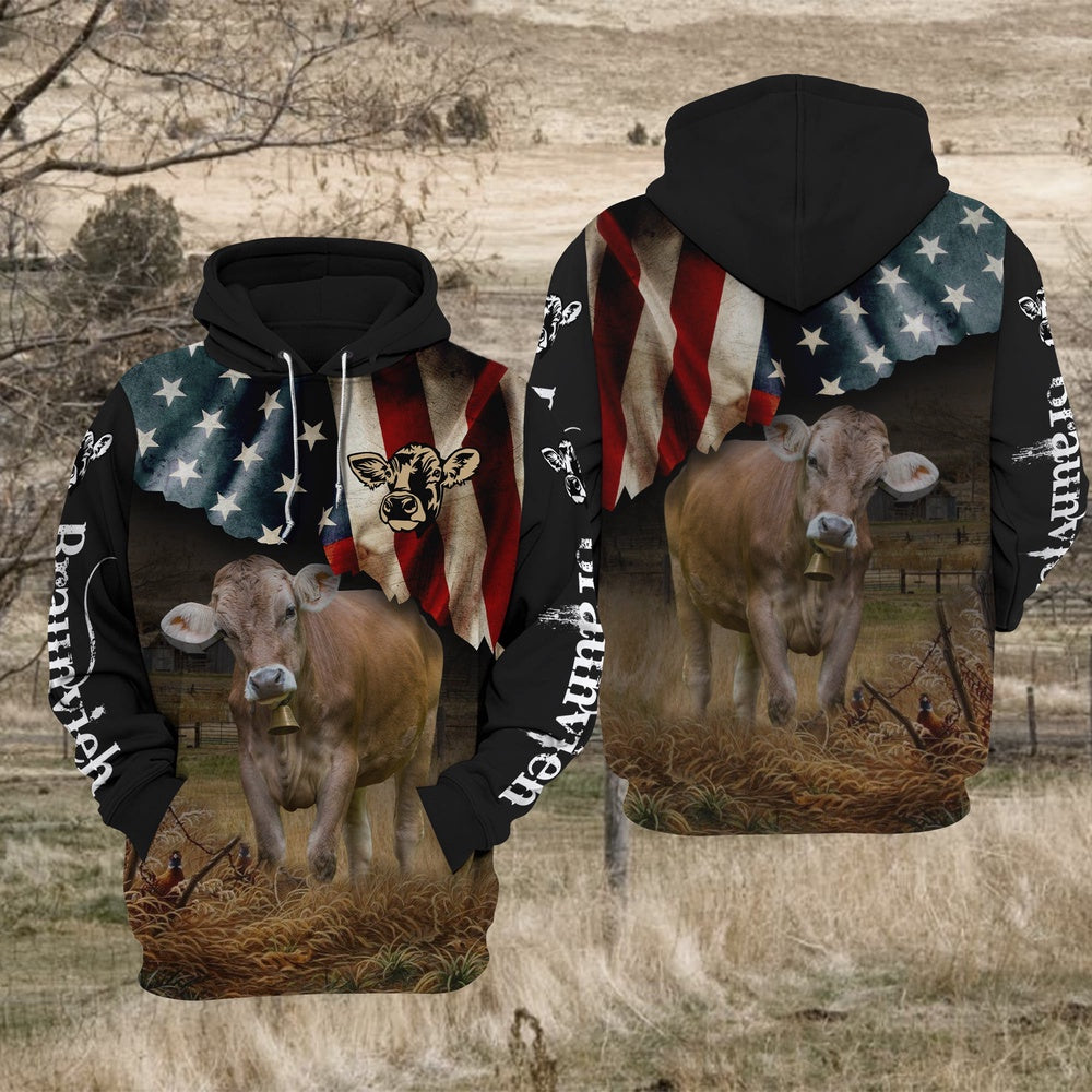 Braunvieh Cattle US Flag All Over Printed Hoodie TT, Farmer Hoodie, Farm Themed Shirts, Farm Tee Shirts
