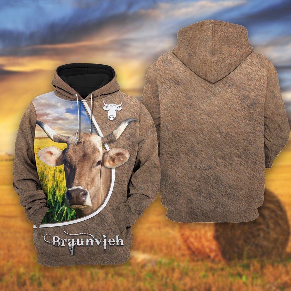 Braunvieh On The Wheat Field All Over Printed Shirts, Farmer Hoodie, Farm Themed Shirts, Farm Tee Shirts