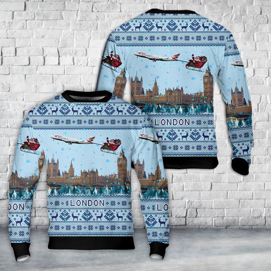 British Airways 747 over London Christmas AOP Sweater, Christmas Ugly Sweater, Sweater Xmas, Ugly Sweater