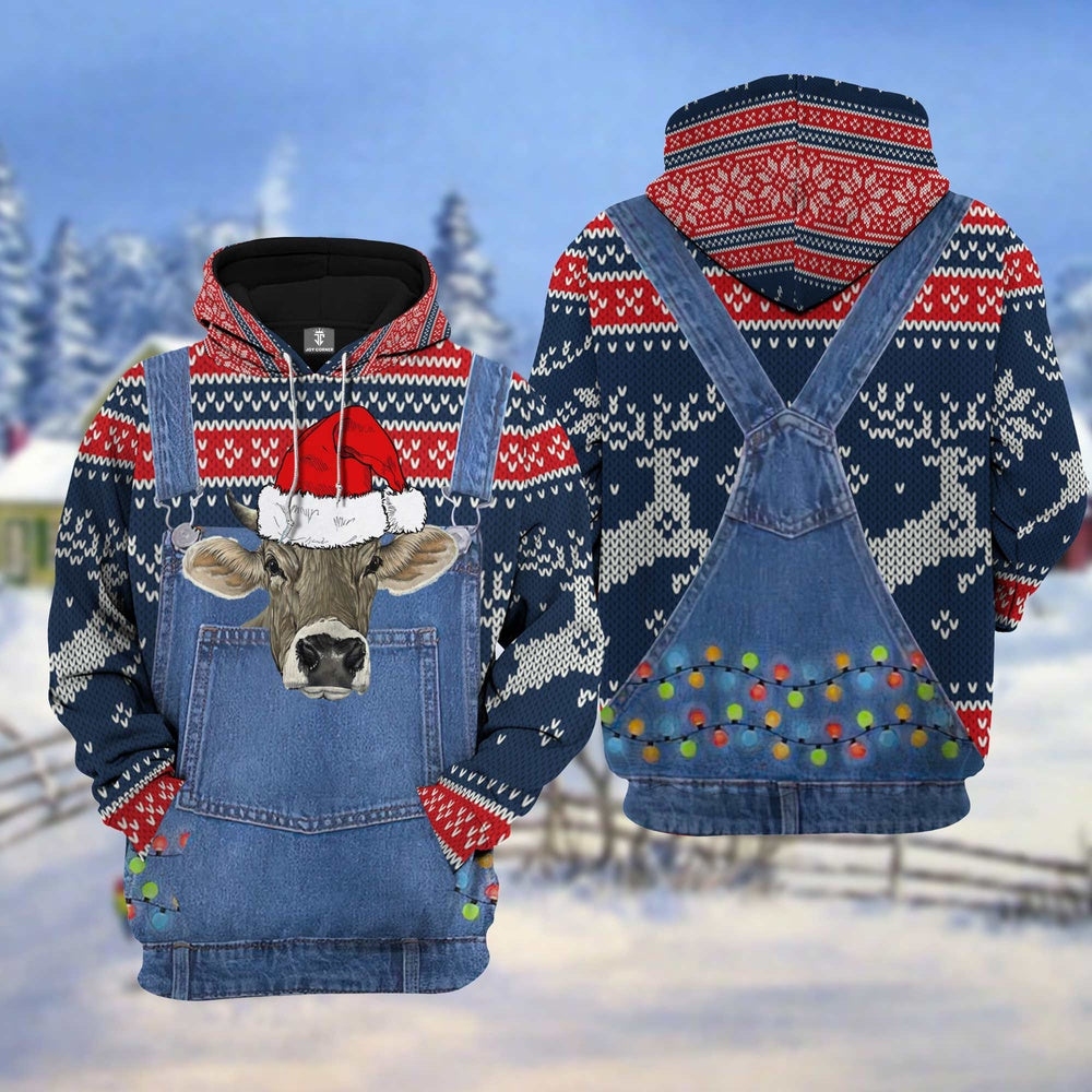 Brow Swiss Cattle Christmas Knitting Pattern 3D Hoodie, Farmer Hoodie, Farm Themed Shirts, Farm Tee Shirts