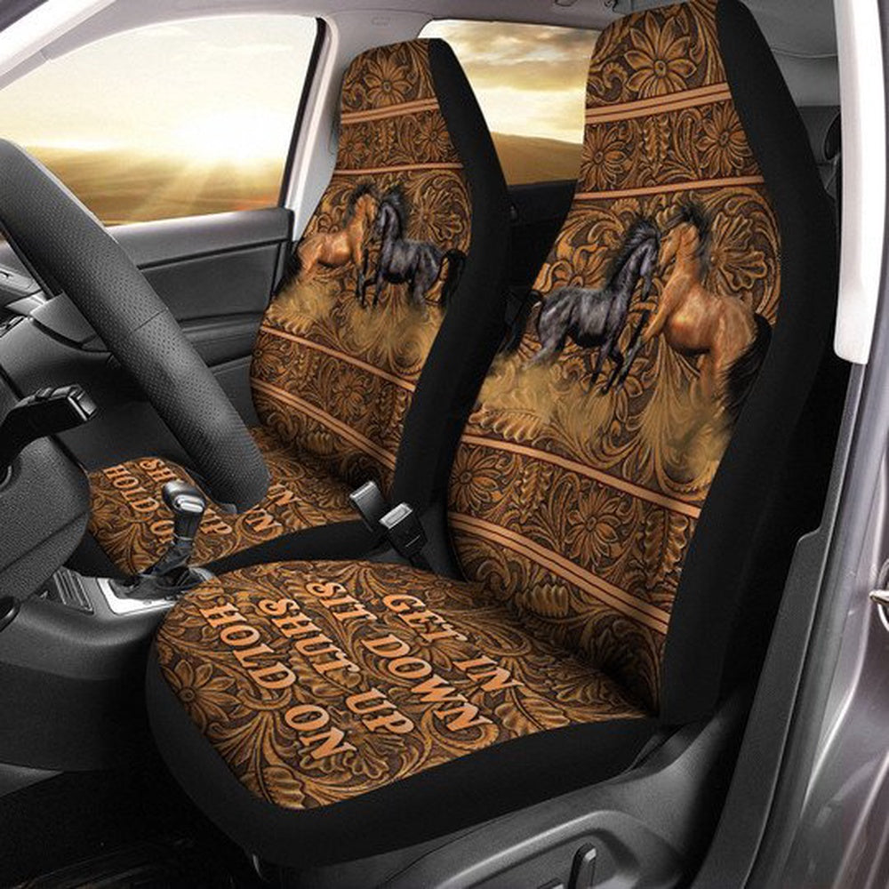 Brown And Black Horses Flowery Background Get In Sit Down Shut Up Hold On Car Seat Cover, Car Seat Cover, Farm Car Seat Cover, Pet Seat Covers