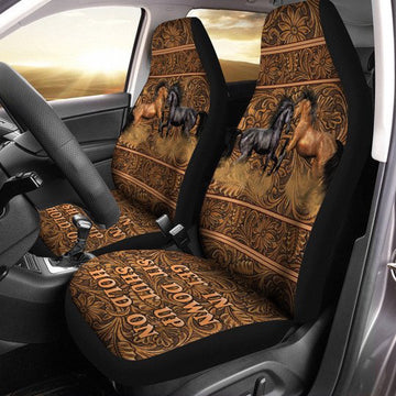 Brown And Black Horses Flowery Background Get In Sit Down Shut Up Hold On Car Seat Cover, Car Seat Cover, Farm Car Seat Cover, Pet Seat Covers