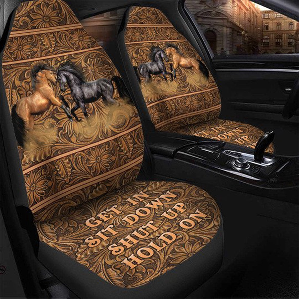 Brown And Black Horses Flowery Background Get In Sit Down Shut Up Hold On Car Seat Cover, Car Seat Cover, Farm Car Seat Cover, Pet Seat Covers